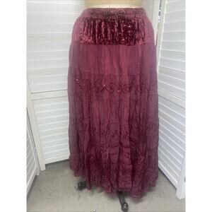 VTG Silver Stream O/S Burgundy Rayon Maxi Skirt Tiered Ruffle Cottage Goth Witch